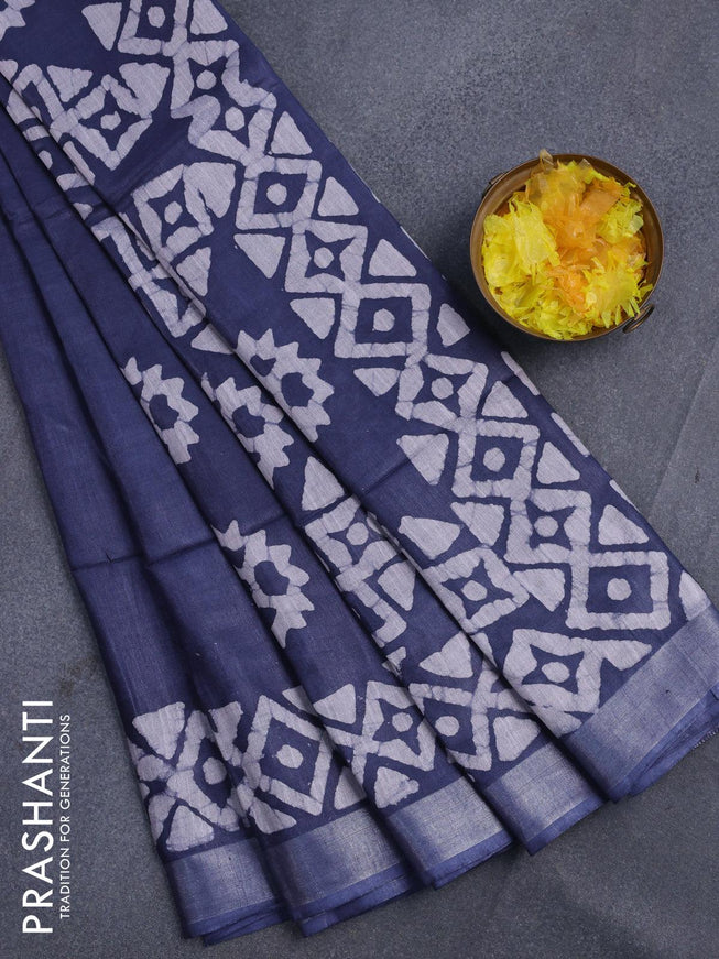 Linen cotton saree grey with allover batik butta prints and silver zari woven border