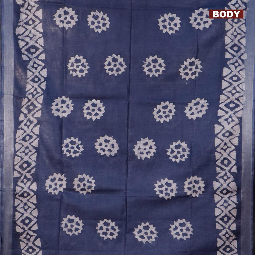 Linen cotton saree grey with allover batik butta prints and silver zari woven border