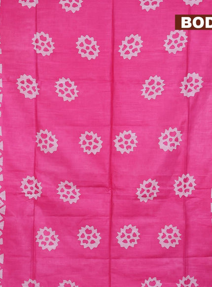 Linen cotton saree pink with allover batik butta prints and silver zari woven border