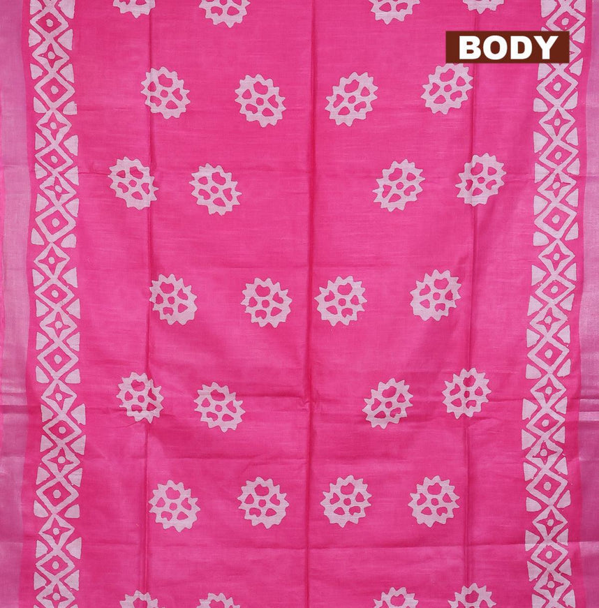 Linen cotton saree pink with allover batik butta prints and silver zari woven border