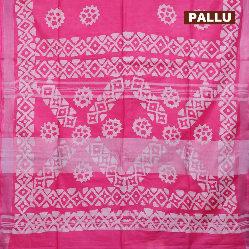 Linen cotton saree pink with allover batik butta prints and silver zari woven border