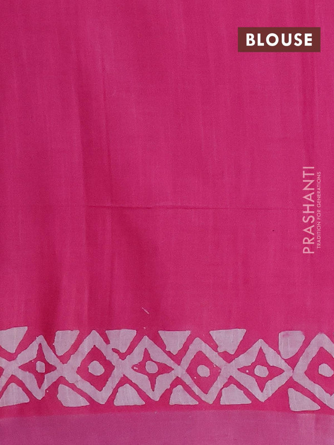 Linen cotton saree pink with allover batik butta prints and silver zari woven border