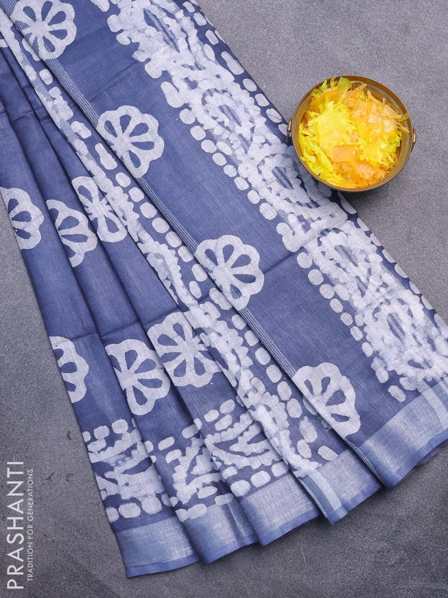 Linen cotton saree grey with allover batik butta prints and silver zari woven border