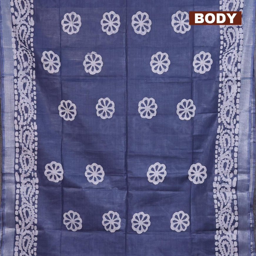 Linen cotton saree grey with allover batik butta prints and silver zari woven border