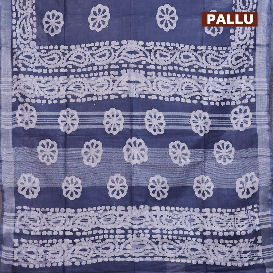 Linen cotton saree grey with allover batik butta prints and silver zari woven border