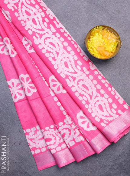 Linen cotton saree pink with allover batik butta prints and silver zari woven border