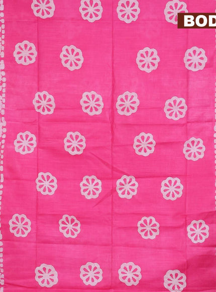 Linen cotton saree pink with allover batik butta prints and silver zari woven border