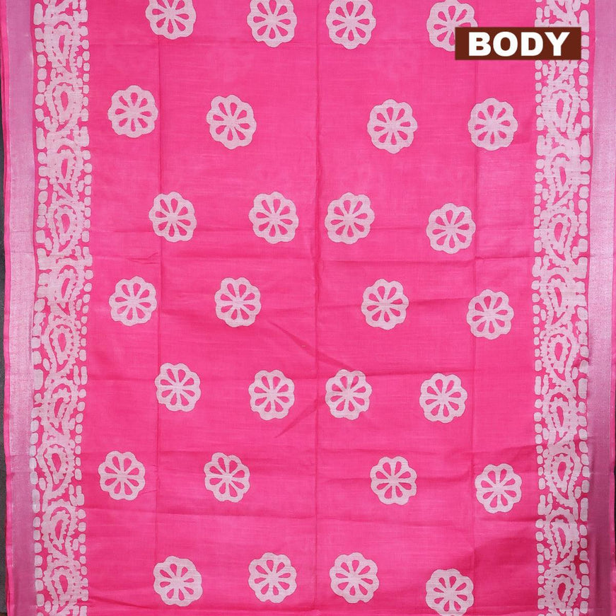 Linen cotton saree pink with allover batik butta prints and silver zari woven border