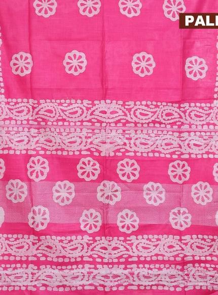 Linen cotton saree pink with allover batik butta prints and silver zari woven border