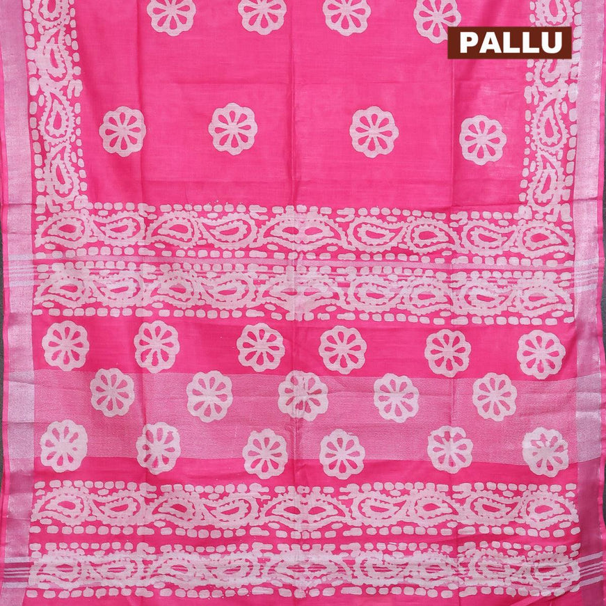 Linen cotton saree pink with allover batik butta prints and silver zari woven border