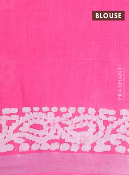 Linen cotton saree pink with allover batik butta prints and silver zari woven border