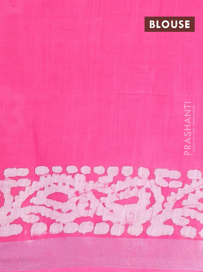 Linen cotton saree pink with allover batik butta prints and silver zari woven border