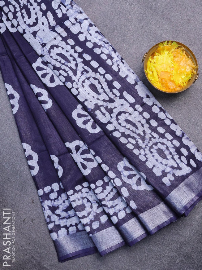 Linen cotton saree navy blue with allover batik butta prints and silver zari woven border