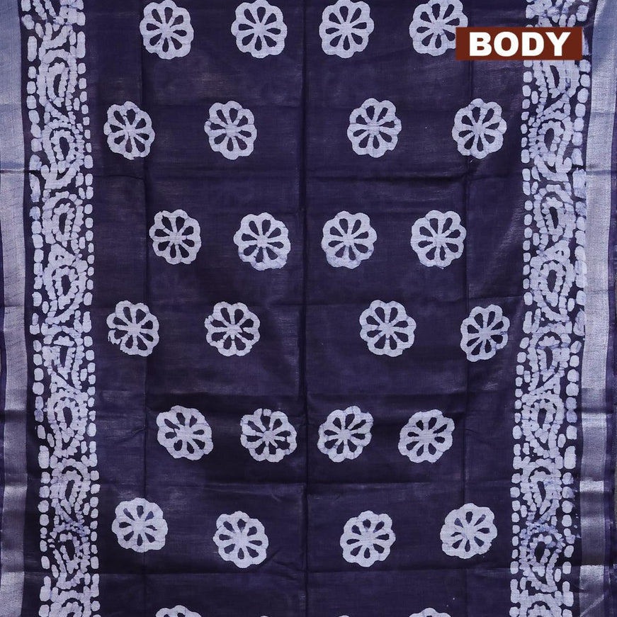 Linen cotton saree navy blue with allover batik butta prints and silver zari woven border