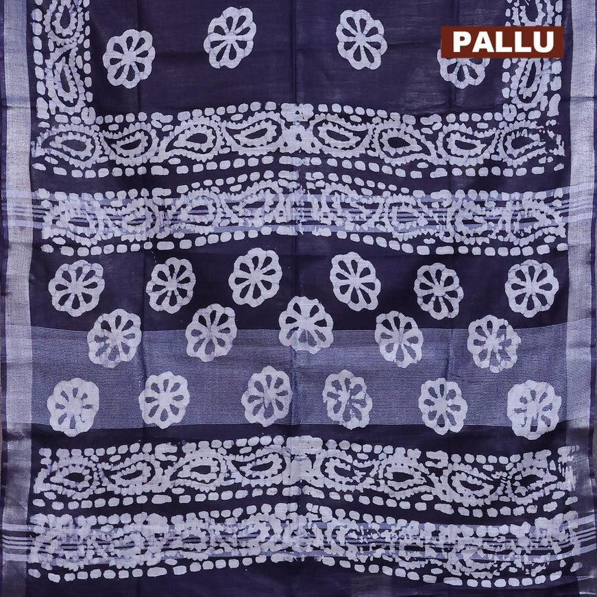 Linen cotton saree navy blue with allover batik butta prints and silver zari woven border