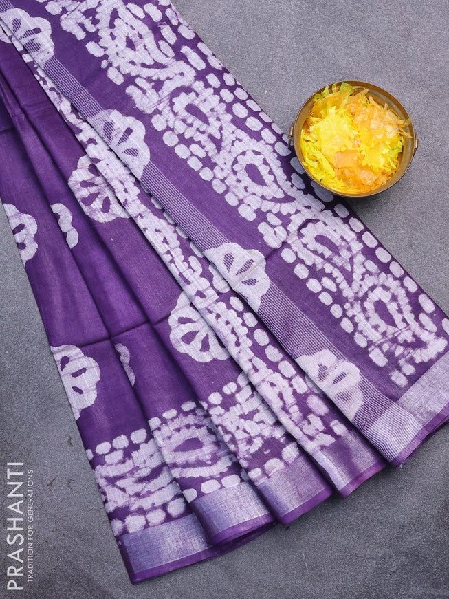 Linen cotton saree violet with allover batik butta prints and silver zari woven border