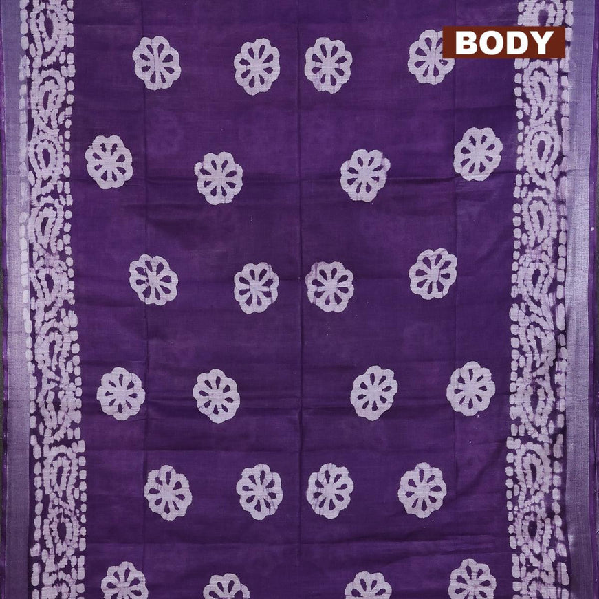 Linen cotton saree violet with allover batik butta prints and silver zari woven border