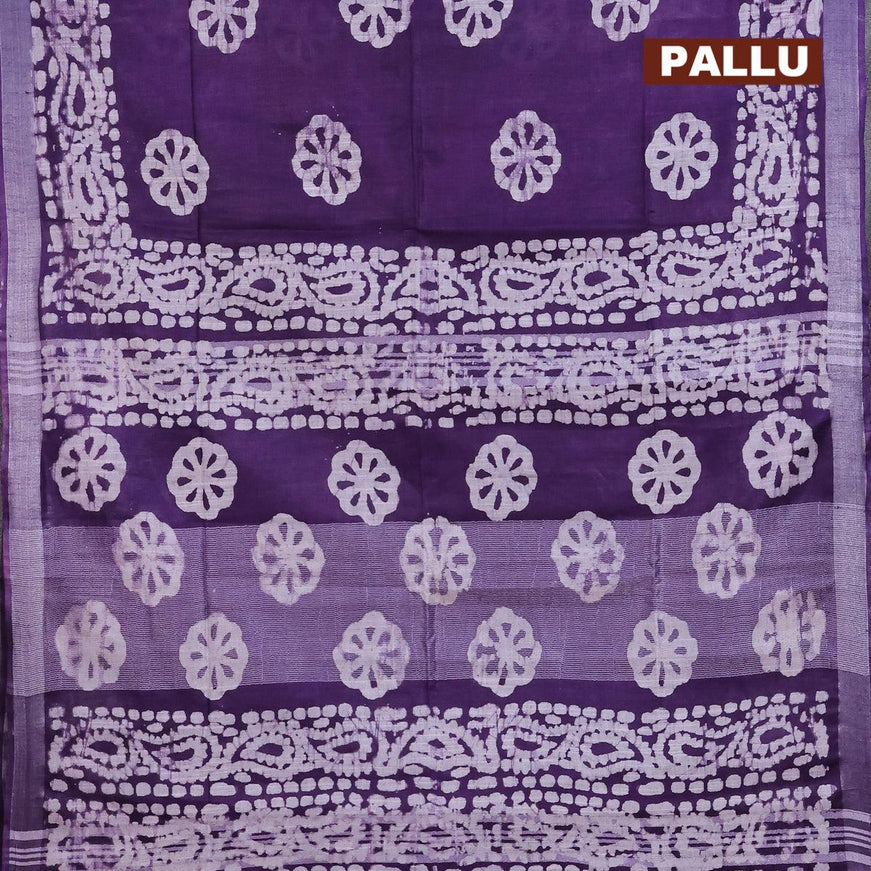 Linen cotton saree violet with allover batik butta prints and silver zari woven border