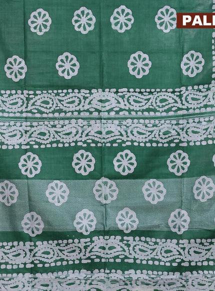 Linen cotton saree green with allover batik butta prints and silver zari woven border