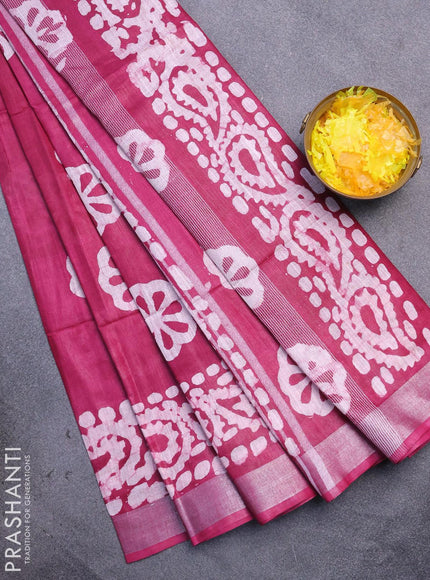 Linen cotton saree dark magenta with allover batik butta prints and silver zari woven border