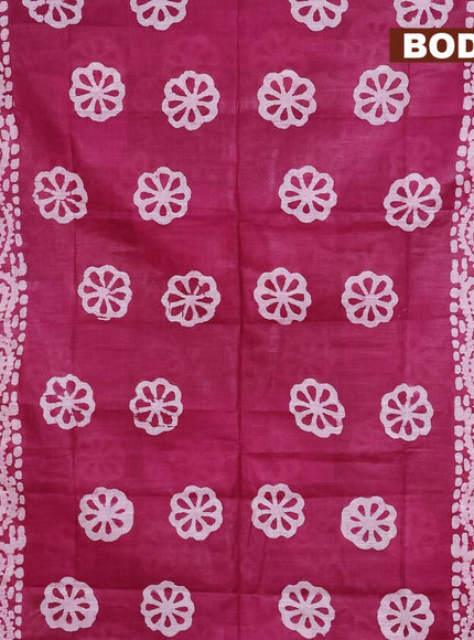 Linen cotton saree dark magenta with allover batik butta prints and silver zari woven border