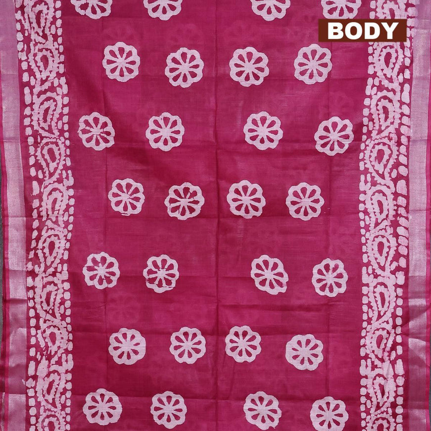 Linen cotton saree dark magenta with allover batik butta prints and silver zari woven border