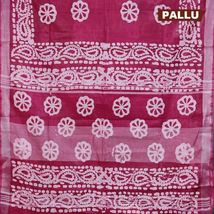 Linen cotton saree dark magenta with allover batik butta prints and silver zari woven border