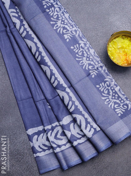 Linen cotton saree grey with allover batik butta prints and silver zari woven border