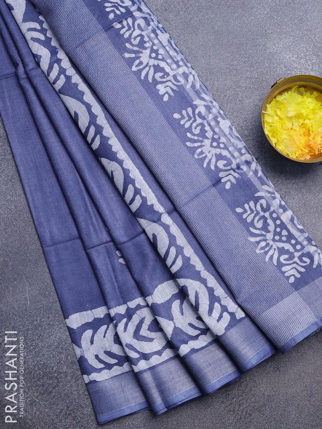 Linen cotton saree grey with allover batik butta prints and silver zari woven border