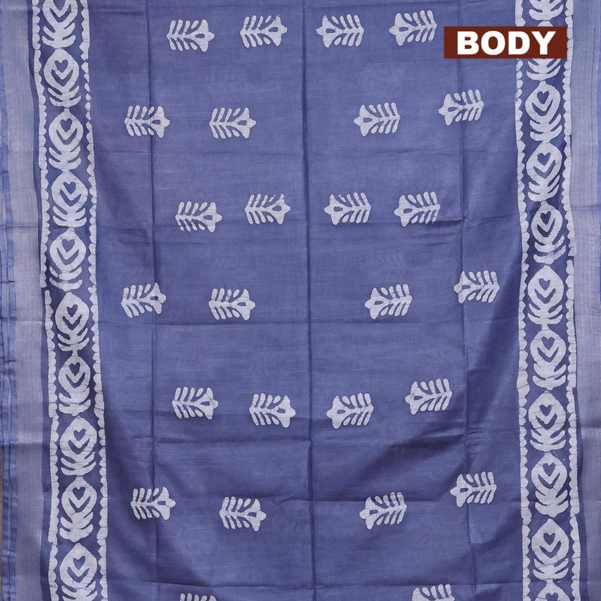 Linen cotton saree grey with allover batik butta prints and silver zari woven border