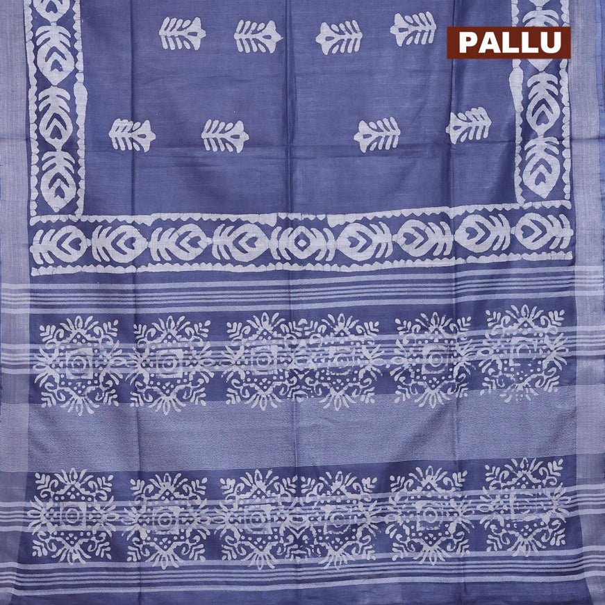 Linen cotton saree grey with allover batik butta prints and silver zari woven border