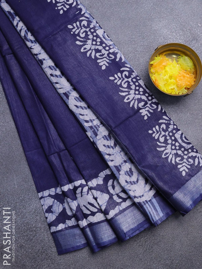 Linen cotton saree navy blue with allover batik butta prints and silver zari woven border