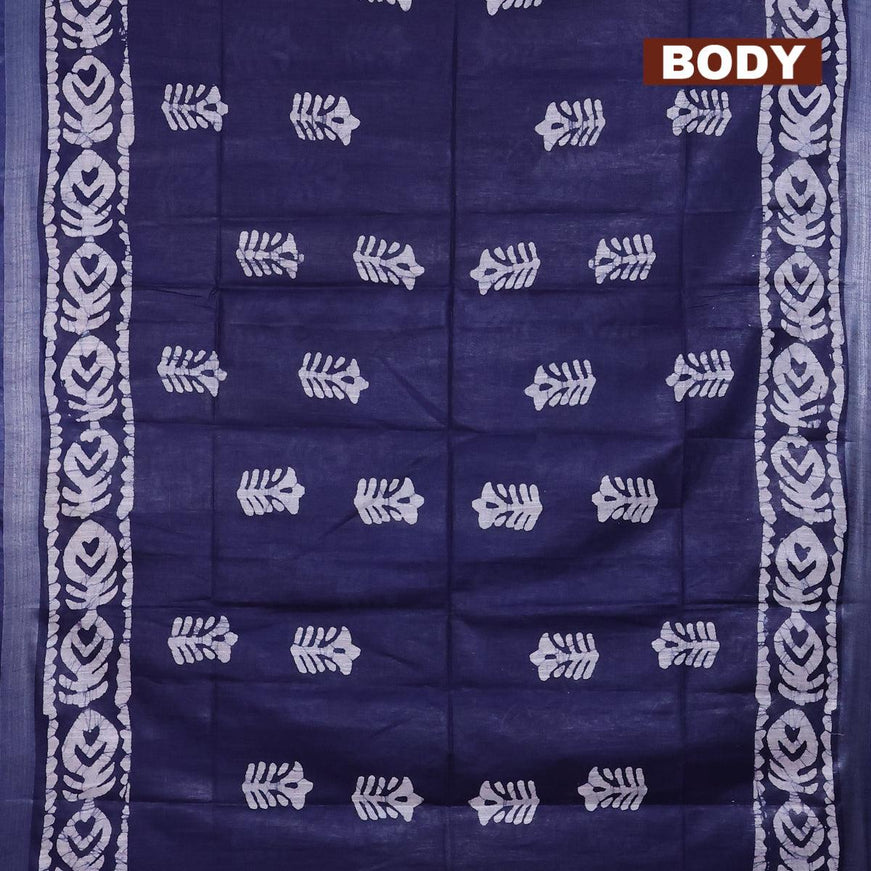 Linen cotton saree navy blue with allover batik butta prints and silver zari woven border