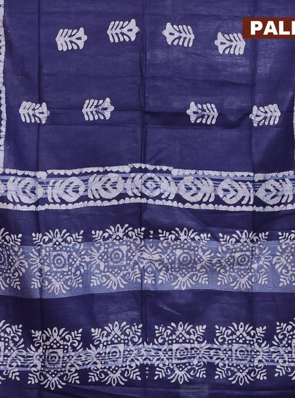 Linen cotton saree navy blue with allover batik butta prints and silver zari woven border