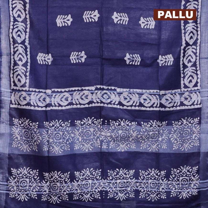 Linen cotton saree navy blue with allover batik butta prints and silver zari woven border