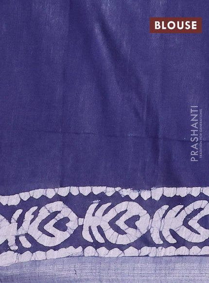 Linen cotton saree navy blue with allover batik butta prints and silver zari woven border