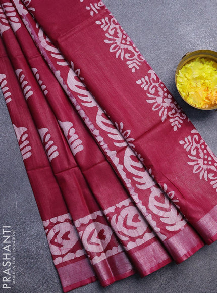 Linen cotton saree magenta pink with allover batik butta prints and silver zari woven border