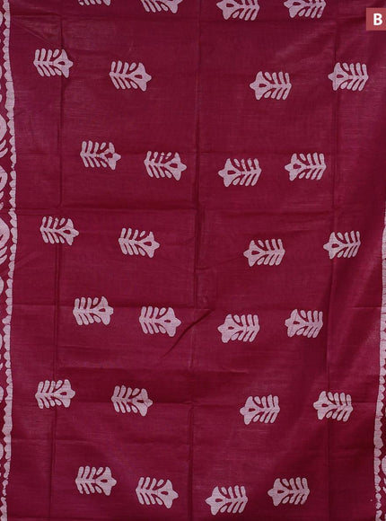 Linen cotton saree magenta pink with allover batik butta prints and silver zari woven border