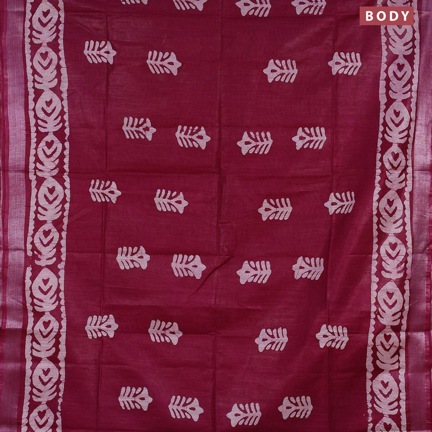 Linen cotton saree magenta pink with allover batik butta prints and silver zari woven border