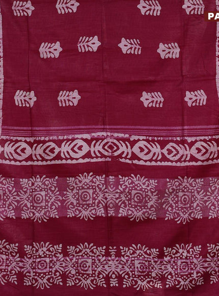 Linen cotton saree magenta pink with allover batik butta prints and silver zari woven border