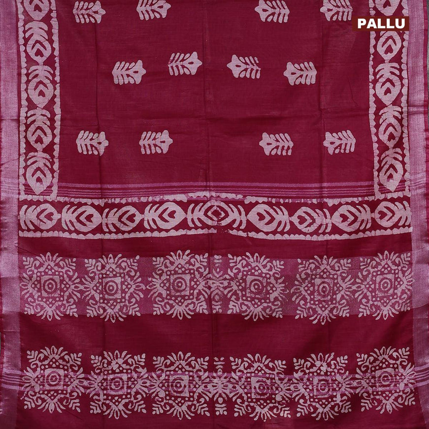 Linen cotton saree magenta pink with allover batik butta prints and silver zari woven border