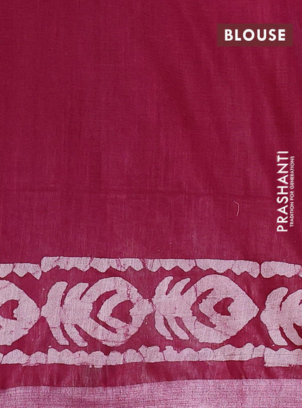 Linen cotton saree magenta pink with allover batik butta prints and silver zari woven border