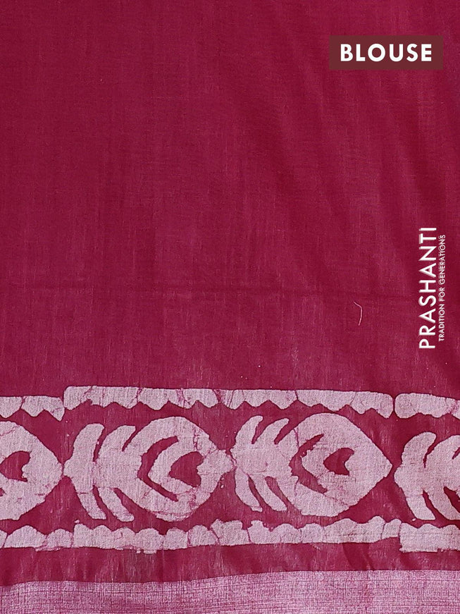 Linen cotton saree magenta pink with allover batik butta prints and silver zari woven border