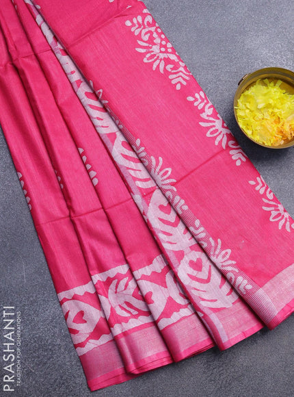 Linen cotton saree pink with allover batik butta prints and silver zari woven border