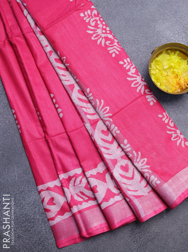 Linen cotton saree pink with allover batik butta prints and silver zari woven border