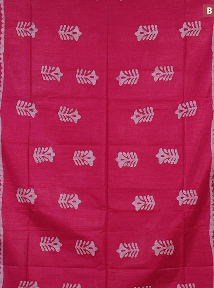 Linen cotton saree pink with allover batik butta prints and silver zari woven border