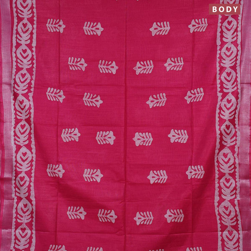 Linen cotton saree pink with allover batik butta prints and silver zari woven border