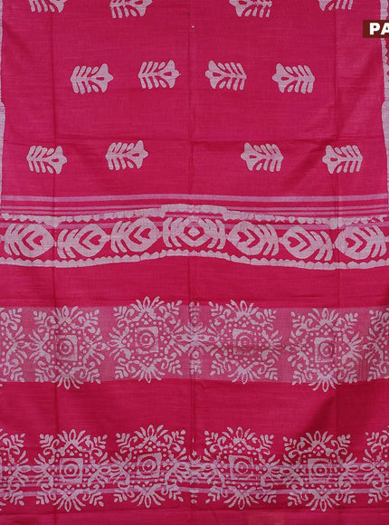 Linen cotton saree pink with allover batik butta prints and silver zari woven border