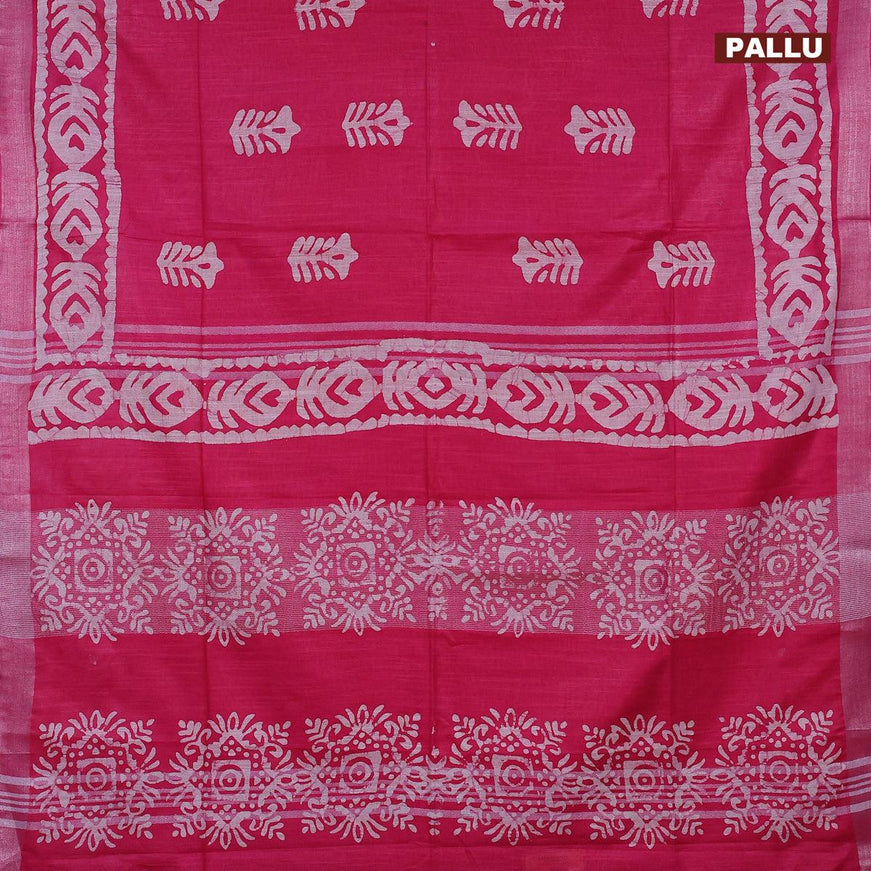 Linen cotton saree pink with allover batik butta prints and silver zari woven border