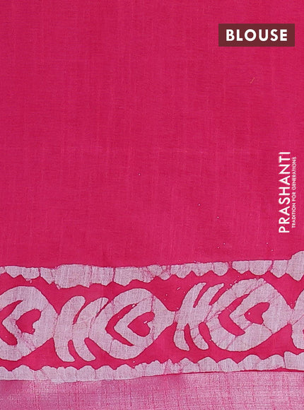 Linen cotton saree pink with allover batik butta prints and silver zari woven border